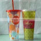 16oz Double Wall Hard Plastic Drinking Cup With Straw and Lid thumbnail-1