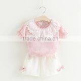 Kids Clothes Plaid Shirt Short Sleeve Round Lace Collar Match Cotton Shorts With Two Smaller Bowknot thumbnail-1