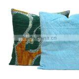 Velvet Cushion in Aqua With Vintage Kantha Backing thumbnail-3