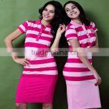 Fashion Ladies Pajamas Design Polo Collar Pajamas Set Short Sleeve Summer Pink Yarn Dyed Striped Pajamas thumbnail-1