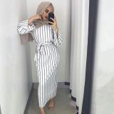 White Color Stripe Horn Sleeve Muslim Dress