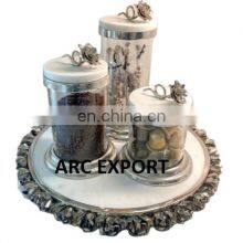 Luxury Metal & Glass Cansiters With Serving Silver Fancy Tray