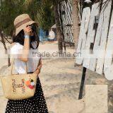 Long Handle, Tote Straw Beach Bag, Pompom Beach Bag thumbnail-2