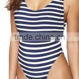 Ladies White and Blue Stripe Cut Out Back One-piece Swimwear thumbnail-2