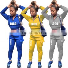 solid color loose hoodie zip pullover fitness pants with pocket sweatshirts hoodie set Custom logo wholesale women two piece se