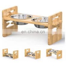 Factory Direct Sale Adjustable Bamboo Elevated Dog Cat Food Stand Holder with Stainless Steel Bowls