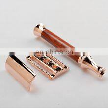 Best Selling Rose Gold Chrome Durable Reusable Eo-friendly Metal Razor Double Edge Natural Wood Handle Shaving Safety Razor thumbnail-1