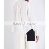 Wholesale Women Fashion Band Collar Long Sleeves White Pleated Silk Crepe De Chine Blouse(DQE0156T) thumbnail-3