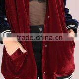 MGOO Burgundy Contrast Raglan Sleeve Velvet Longline Button Bomber Jacket With Striped Trim thumbnail-2