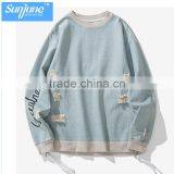 Denim Fabric Antique Long Sleeve Crew Neck Pullover