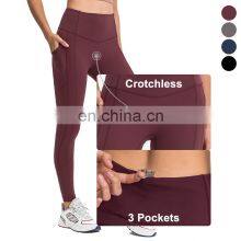 High Waisted Crotchless Yoga Leggings Scrunch Butt Lifting Yoga Pants For Women With Pockets 3D Spliced Workout Fitness Gym Wear thumbnail-1