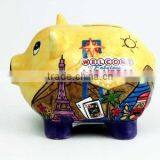 Ceramic Hand Painted Las Vegas Piggy Bank Yellow Puff thumbnail-2
