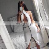 Amigo 2017 New Designer White and Black Halter Dew Chest Midi Sexy High Slit Bandage Dress Evening Dresses for Women Club Wear thumbnail-1