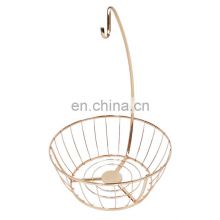 Hot Metal Copper Home Accessories Steel Wire 2 Tier Fruit Basket With Banana Hanger Basket Shelf