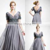 Autumn Style Elegant V-Neck Smooth Lace Short Sleeve Floor Length Evening Gown thumbnail-1