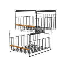 Multifunctional Black Stacking Wire Basket Lightweight Metal Organizer Rack Storage Basket Wood thumbnail-1