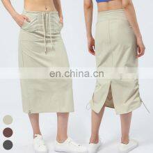 Custom Logo Women Workout Clothing Split A-line Lift Hip Casual Half-body Cargo Dress Gym Fitness Wear Yoga Skirt Sports Dress thumbnail-4