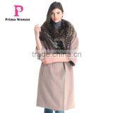 2015 Autumn And Winter Women Medium Length Coat With Nine Points Silver Fox Fur Collar Cashmere Overcoat