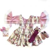 Boutique Summer Long Sleeve 2 Pieces Outfits Ruffle Vintage Dress Girl Clothes Set