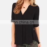 CHEFON Black woven fabric deep v neck blouse women shirt model