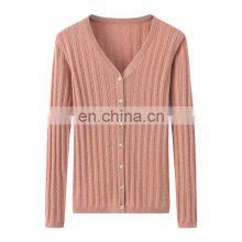 Custom Autumn Solid Color Rib Knitting Cashmere Cardigan Sweater V-Neck Casual Style With Button Decoration Knitwear Factory thumbnail-6
