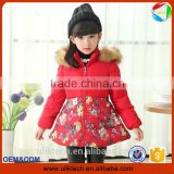 2015 prom hot selling fashion red color with flower fabric joint winter jacket kids winter jacket for girls coat