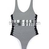 Ladies Black and White Stripe and Side Braid One-piece Swimwear thumbnail-3