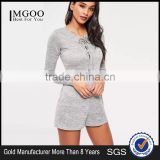 Grey Lace Up Romper Cut Hole Button With Long Sleeve Custom Cotton Blends Stretchy Slim Women Pyjamas