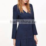 Navy Double Breasted Pleated Hem Dress Polyester Spandex Long Sleeve V Neck Casual Plain Dress thumbnail-2