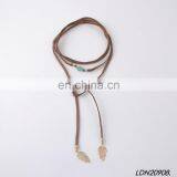 Layered Brown Suede Knot Necklace With Gold Leaves Natural Turquoise Pendant Necklace thumbnail-2