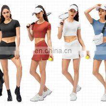 Good Quality Ladies Solid Color Sports Yoga Tennis Set With Shorts Fitness Skirt 2 PCS Gym Set Women Workout Wear Clothes thumbnail-1