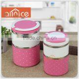 New Stacking Lunch Box - Round Two Tier Tiffin box with Vacuum Seal Lid and Stainless Steel Interior (Cute Pink)