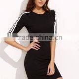 Black Round Neck Half Sleeve Sheath Dress Cotton Spandex Casual Stripe Raglan Sleeve Short Tee Dress thumbnail-3