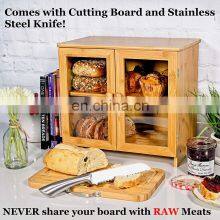 Kitchen Large Bamboo Bread Box For Kitchen Countertop Comes With Thick Bamboo Cutting Board And Stainless Steel Bread Knife thumbnail-2
