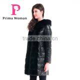 Leather Medium Length Slim Fit Women Winter Coat With Mink Hat Front Stiff Overcoat