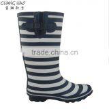 Women Fashion Rubber Rain Boot Has Navy Bule and White Stripes Printed With Red Buckle and Sole