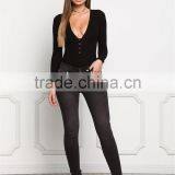 MGOO Foshan Manufacturer Custom Plunge Ribbed Bodysuits Black Cotton Spandex Blouse High Cut Buttons Up Tops thumbnail-3