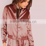 MGOO Women Plain Lightweight Satin Track Bomber Jacket Zip Up Baseball Jacket With Private Label Tag thumbnail-2