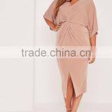 Plus Size Midi Dress Pink Long Sleeve Knot Sexy Elegance Dress Custom Split Hem Dress thumbnail-3