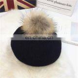 Spring Popular Raccoon Fur Pompom Ladies Berets