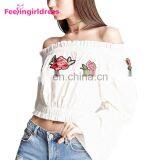 Fashion White Embroidery Floral Off The Shoulder Women Long Sleeve Crop Top