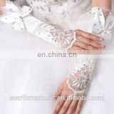 Latest Satin Elbow Length Bridal Glove Pearl Beaded &Rhinestone Big Bows With Lace Fingerless Gloves For Wedding Dress