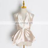 TWOTWINSTYLE Women Shirt Halter Sleeveless Backless Short Blouse Patchwork Bowknot Slim thumbnail-6