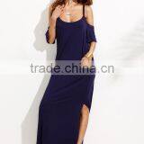 Woman Navy Pocket Cold Shoulder Split Maxi Dress thumbnail-2
