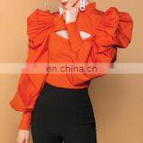 TWOTWINSTYLE Patchwork Hollow Out Shirt For Women Stand Collar Puff Sleeve Casual Black thumbnail-3