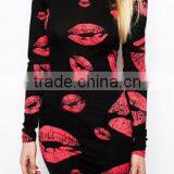 Fashion dress Black Lips Print Open Back Slim Dress