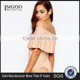 Women Off Shoulder Bodysuit With Ruffle Detail And Thong Plain Flower Hem Sexy Bodysuit thumbnail-1