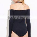 Navy Keyhole Cross Halter Neck Ribbed Bodysuit Cotton Spandex Long Sleeve Sexy Lady Sweater Bodysuit thumbnail-4