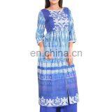 Designer Long Dress Cotton Flared Front Open Slit Boat Neck Blue Color 3/4 Sleeve For Women Manufacturer of Kurti India thumbnail-2