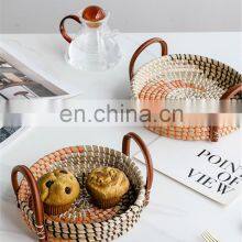 Set Of 3 Round Seagrass Serving Tray With Carrying Handle Mixed Plastic String Vietnam Supplier thumbnail-2